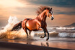 A majestic horse gallops along the coastline, leaving behind a trail of sand and seafoam. Generative AI