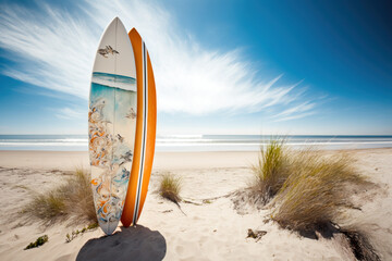 Wall Mural - Beautiful surfboard on the beach background. Generative AI