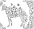 Floral horse. Adult coloring book page with fantasy animal and flower elements.