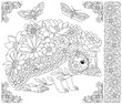 Floral hedgehog. Adult coloring book page with fantasy animal and flower elements.