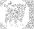 Floral pug dog. Adult coloring book page with fantasy animal and flower elements.