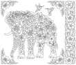 Floral elephant. Adult coloring book page with fantasy animal and flower elements.