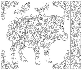 Wall Mural - Floral pig. Adult coloring book page with fantasy animal and flower elements.