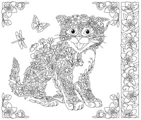 Wall Mural - Floral kitten. Adult coloring book page with fantasy animal and flower elements.