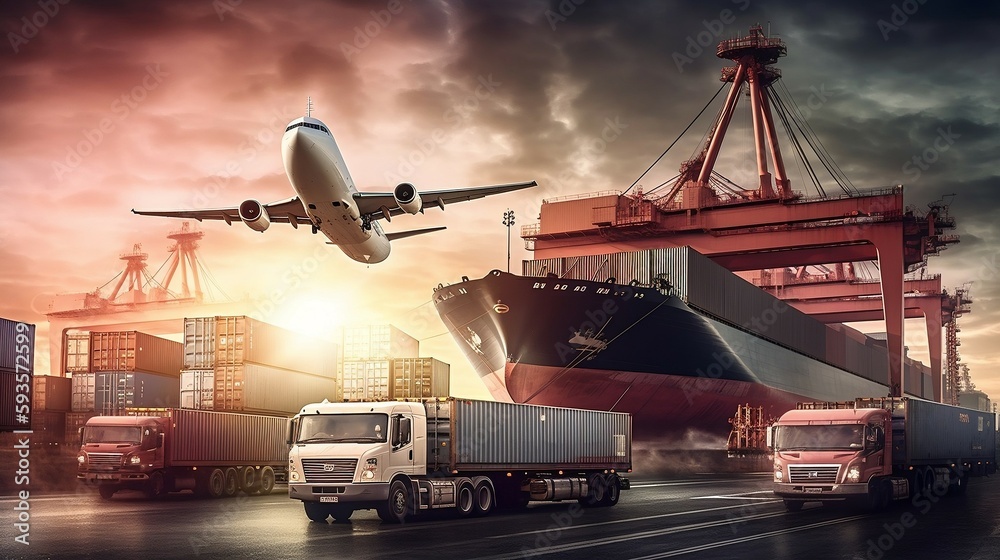 Logistics network with airplane, ship, cargo truck. Generative ai Stock ...