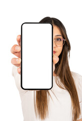 Transparent png close up image of woman holding showing smartphone mock up. Modern mobile phone with empty white screen. Recommending application, e-commerce concept idea image.