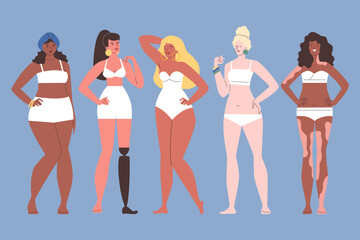 Wall Mural - Set of women in white swimsuits flat style, vector illustration