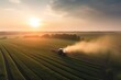 Aerial view of tractor spraying pesticides on green soybean plantation at sunset. Generative AI