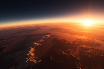 Wall Mural - Aerial view of curved planet Earth at sunrise. Generative AI