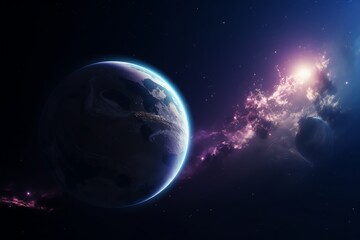 Wall Mural - purple space wallpaper of earth and moon. generative ai