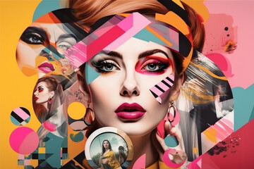 Wall Mural - Abstract retro trendy collage design with female portrait. Generative ai