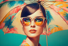Vintage Photo Of A Beautiful Woman With Sunglasses Over Silhouettes Of Palm Trees, Pin Up, Pop Art.Generative Ai