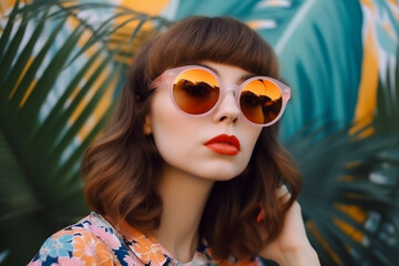 Wall Mural - Vintage photo of a beautiful woman with sunglasses over silhouettes of palm trees, Pin up, pop art.Generative ai