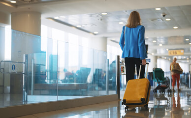 Woman with suitcase walking in airport terminal. Back view.