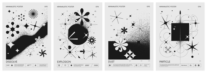 Wall Mural - Futuristic retro vector minimalistic Posters with geometric shapes dissolve into dust and strange wireframes graphic figures, modern design inspired by brutalism and silhouette basic figures, set 24