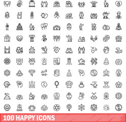 Canvas Print - 100 happy icons set. Outline illustration of 100 happy icons vector set isolated on white background