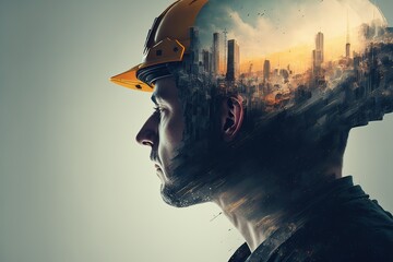 Wall Mural - Double exposure image of engineer safety helmet with city or construction site background on his head. Modern abstract art design civil engineering concept. Superb Generative AI.