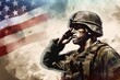 Poignant WWII soldier illustration, American flag backdrop. generative ai
