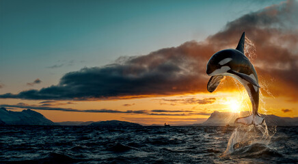 Wall Mural - orca leaping from sunset ocean water with splashes, norway background, winter and snow on mountains 