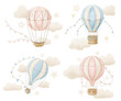 Hot Air Balloons watercolor set. Hand drawn bundle of illustrations for Baby Shower. Retro vintage aerostats in pastel blue and pink colors for kid greeting cards or invitations on isolated background