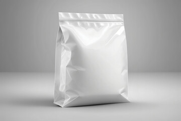 Blank white plastic bag with zip-lock mockup on white background. Plastic bag for coffee, candy, nuts or spices, food pouch. AI generated