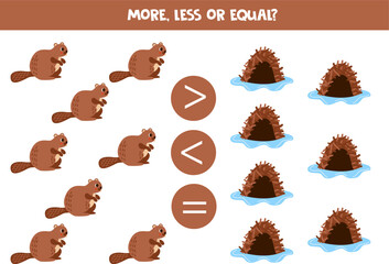 More, less or equal with cartoon beavers and lodges