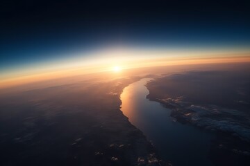 Wall Mural - aerial view of curved planet earth at sunrise. generative ai