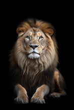 Portrait Of A Resting Majestic Mal Lion Looking Straight Into The Camera Against A Black Background, Copyspace, Generative AI 