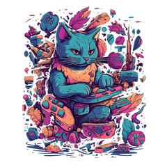 Wall Mural - Cute and Colorful Cat illustration with Lots of Objects Background, Generative AI