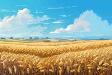 Wall Mural - Illustration of ripe wheat field against blue sky. Generative AI