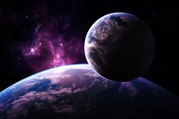 Wall Mural - purple space wallpaper of earth and moon. generative ai