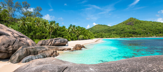 Wall Mural - Panoramic landscape with stunning beach on Mahe Island, Seychelles. 