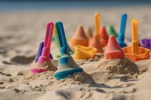 Holiday Concept With Sandcastle On The Seaside And Plastic Beach Toys Close Up Illustration Generative Ai