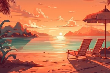 Wall Mural - beautiful panoramic tropical beach at sunset illustration illustration generative ai