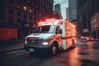 Ambulance rescue van in New York on road street. Ambulance Vehicle truck. American Response Vehicles. EMS Ambulance Driver US. Medical truck with red emergency lights. Ai Generative. Generative AI