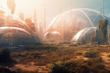 Mars Outpost Colony. Glass Domes With Plants, Colonization Science Fiction Background. AI Generative