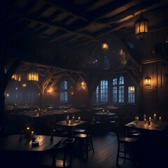 a room filled with lots of tables and chairs, fantasy art, medieval tavern, lit in a dawn light, interior of a small, il

