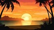 A beach scene with a sunset and palm trees. Generative AI