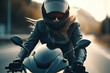 Young attractive woman driving a motorbike on a road. Generative AI