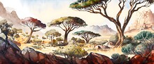 Watercolor Wallpaper, Digital Drawing Of The Natural Landscape Of Socotra Island, With Rare Trees, Mountains And Valleys, In Harmonious Colors