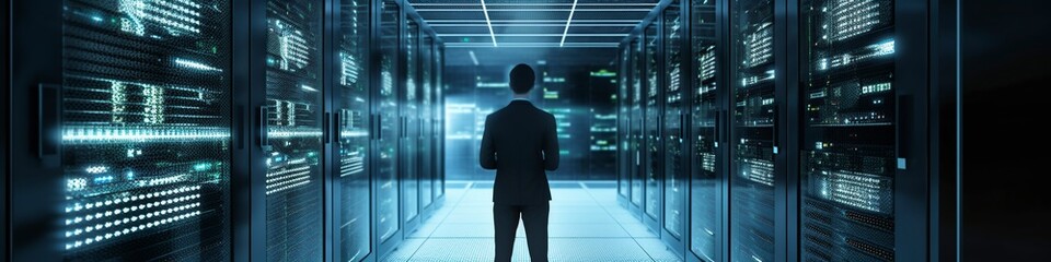 illustration, engineer at work in the server room,website header, generative ai