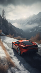 Wall Mural - Mobile wallpaper. Red car in the mountains