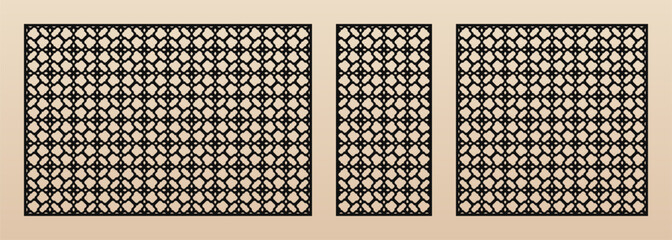 Laser cut pattern set. Vector template with abstract geometric ornament in Islamic style, floral grid ornament. Decorative panels for CNC cutting of wood, metal, plastic. Aspect ratio 3:2, 1:2, 1:1