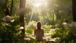 Woman practicing mindfulness meditation in a serene natural environment for mental health and self-care. Generative AI