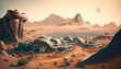 A small human settlement on a mars-like planet, colonization concept, Generative ai