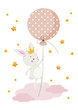 Cute illustration with sweet bunny flying with balloon in starry sky