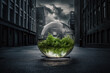 green plants and moss inside a glass sphere in a dark deserted city under dramatic sky, eco concept, protecting green in the city, generative AI