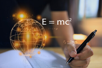 Wall Mural - physics equations floating around globe, hands writing in notebooks over the book, representing the 