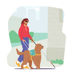 Blind Female Character With A Guide Dog Walks Confidently Down The Street, With Walking Cane and Dog Leading The Way