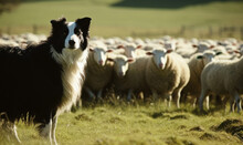 Border Collie Standing In A Lush Green Field On A Bright And Sunny Day. The Dog's Alert Gaze Is Fixed On A Group Of Sheep Grazing In The Distance. Generative AI